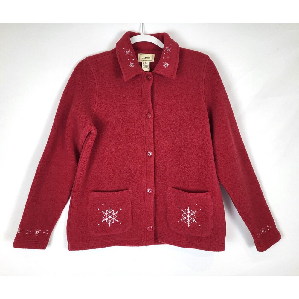LL Bean Red Fleece Snowflake Jacket Womens Small Holiday Christmas Embroidered